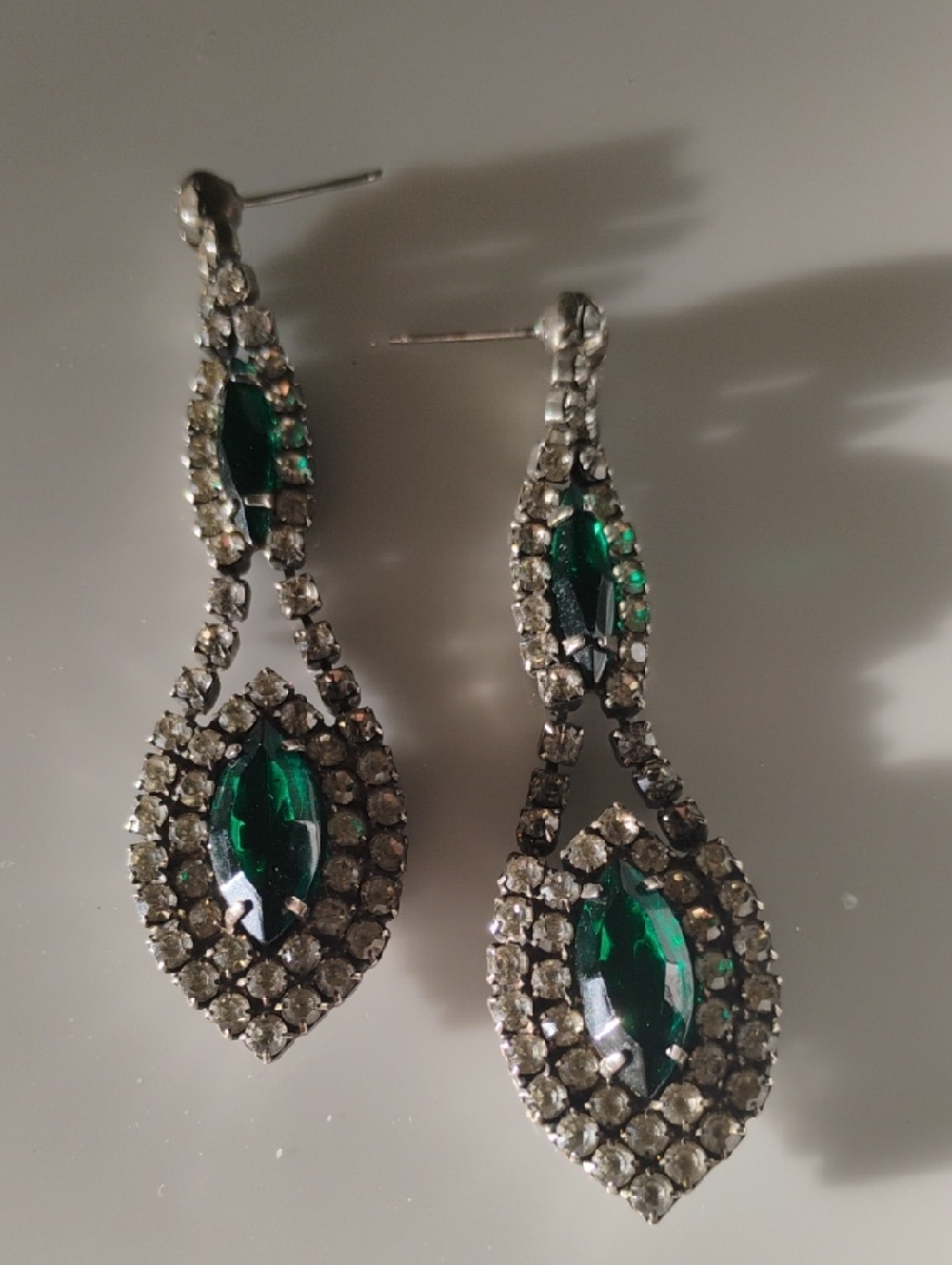 Emerald Teardrop Crystal Drop Earrings - Green & Clear